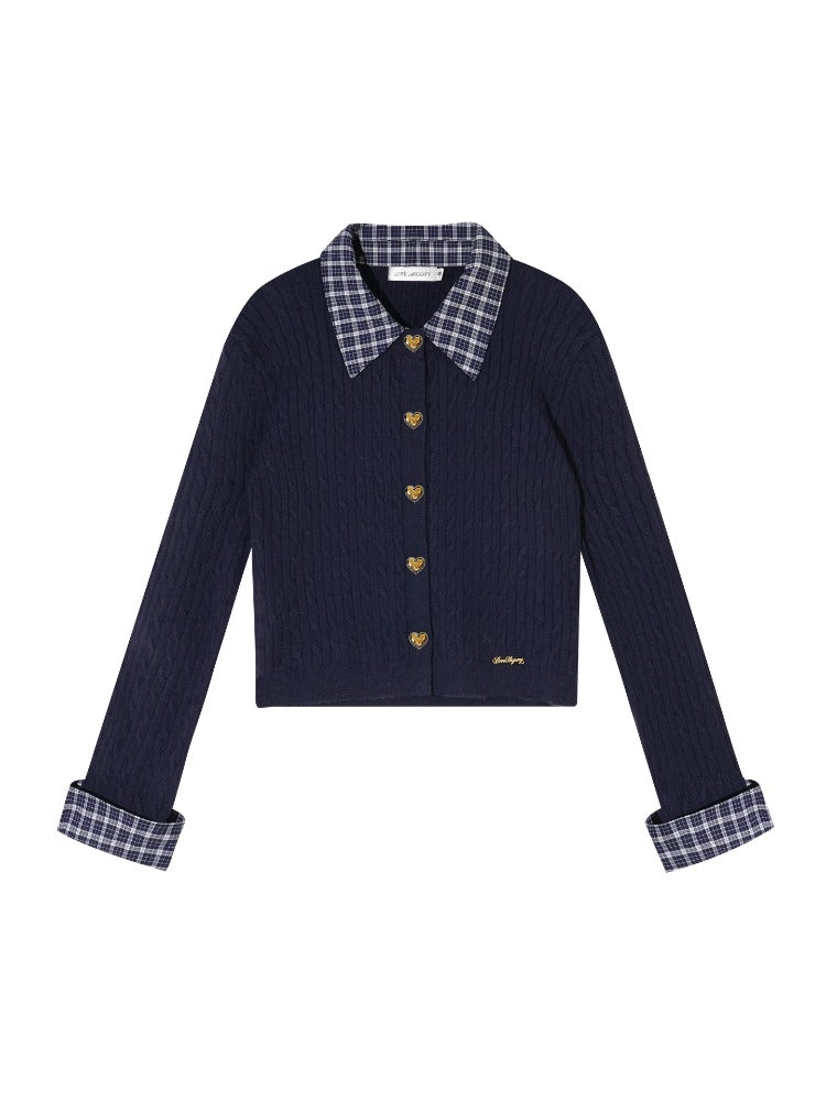 Plaid-Collar Cable Knit Top