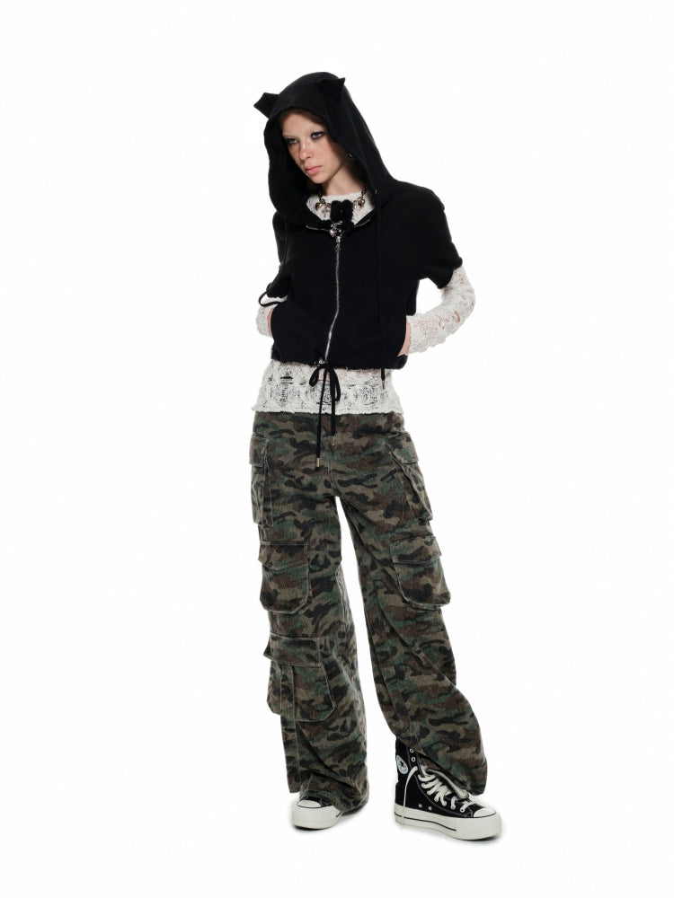 Black & White Cat-ear Short-sleeve Hoodie