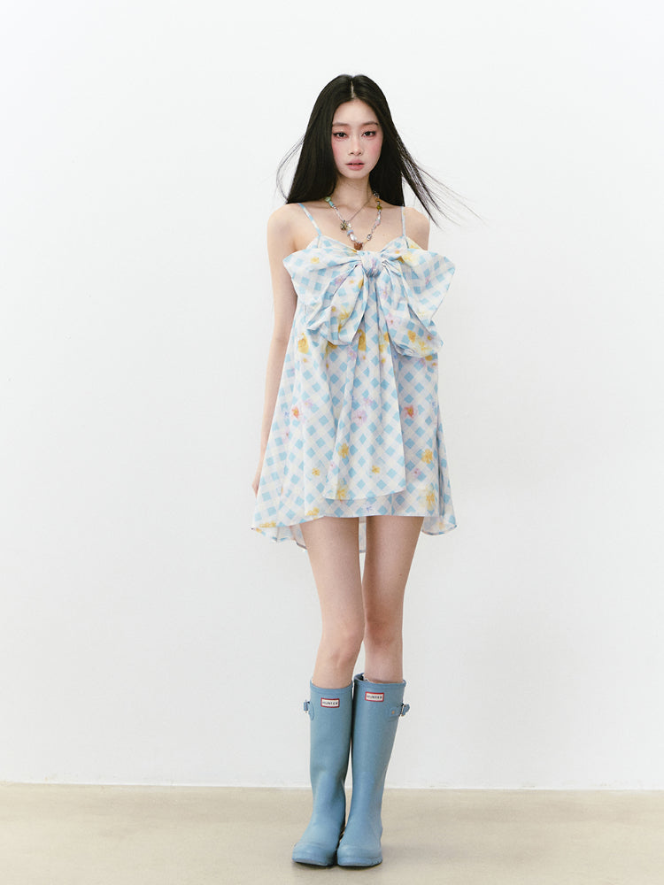 Plaid Floral Bow Print Spaghetti Strap Dress