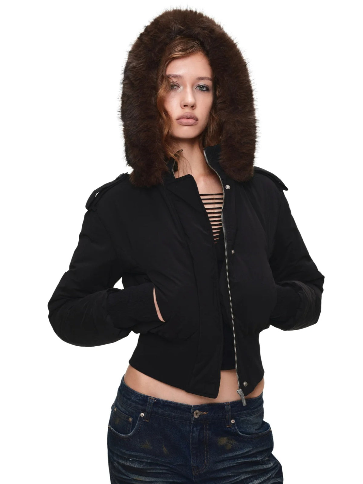 Detachable Faux Fur Ribbed-Waist Down Jacket