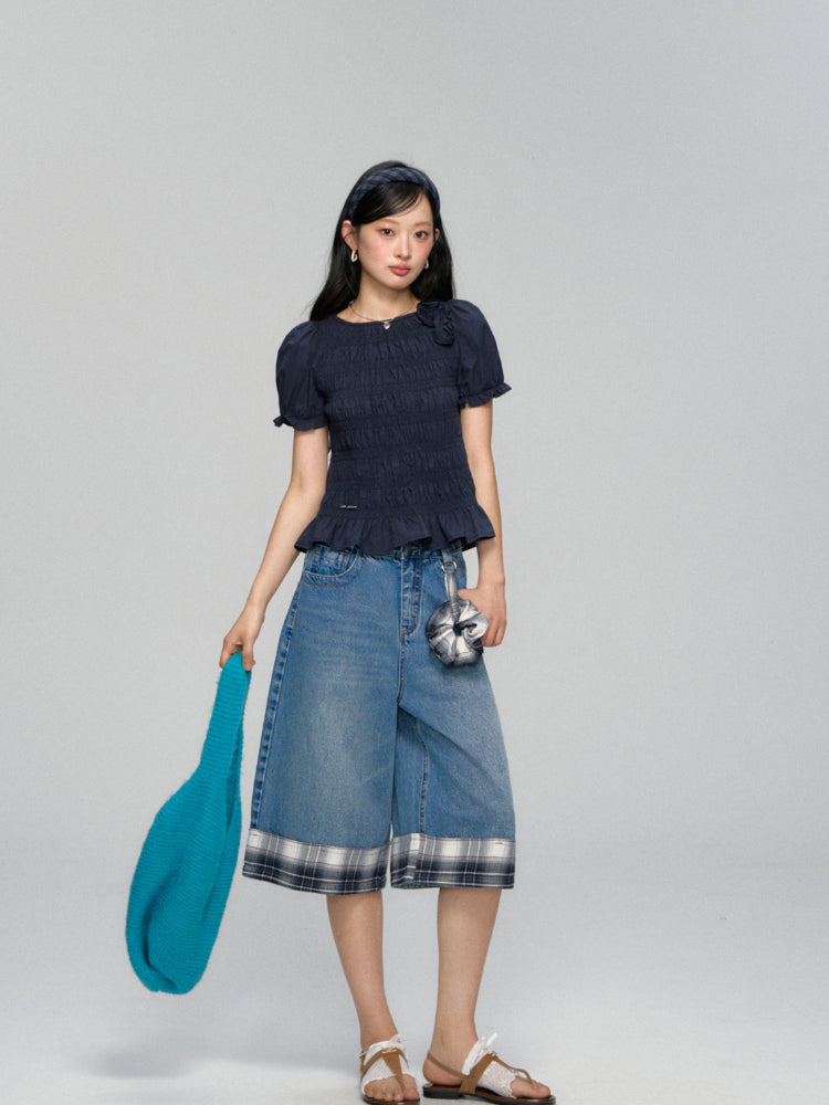 Checkered Patchwork Color-Blocking Wide-Leg Pants Set