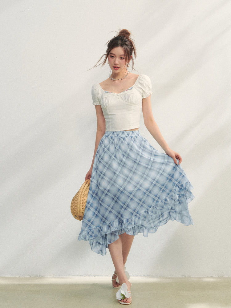 White Square Neck Embroidered Puff Sleeve Shirt