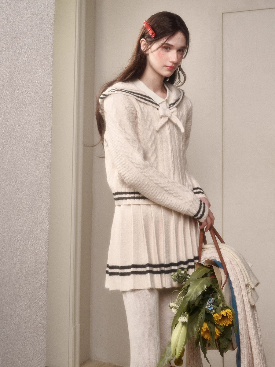 White Philosophy Wool Cloud Cable-Knit Cardigan & Skirt Set