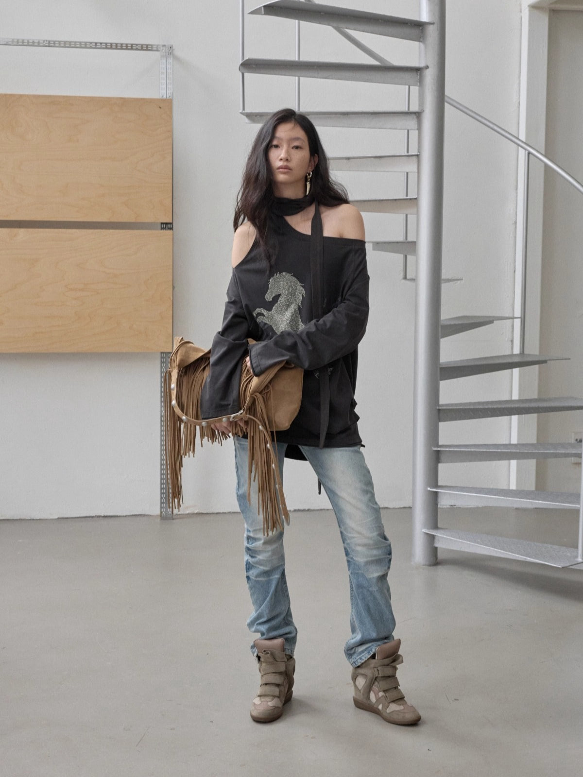 Suede Fringe Stud Tote