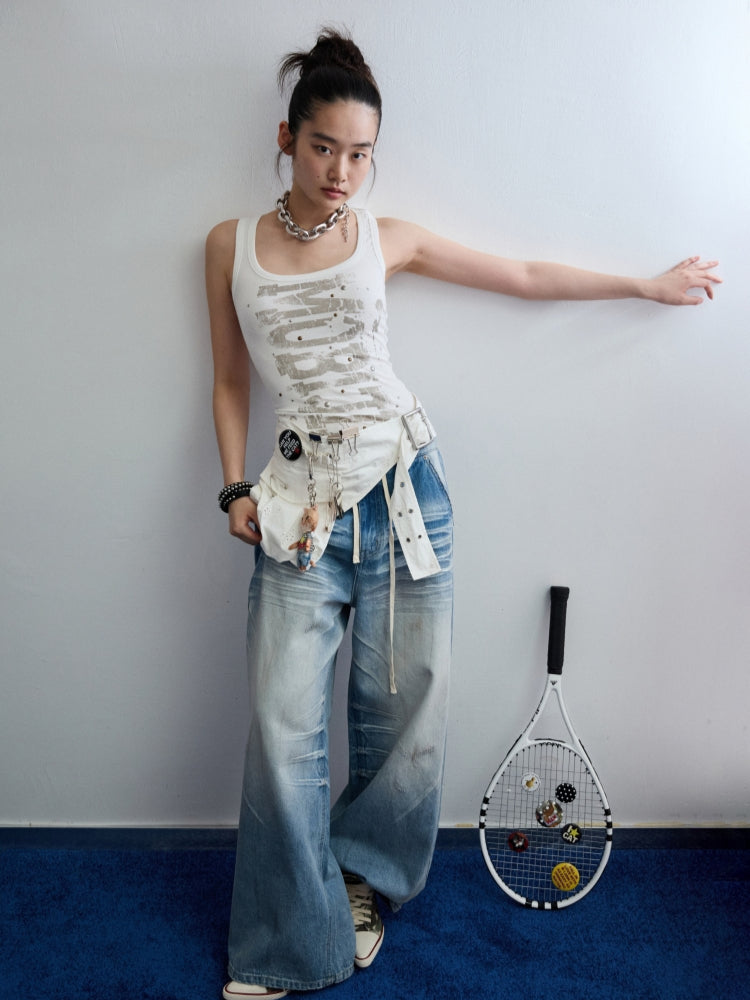 Light Blue Mud-Dyed Badge Wide-Leg Jeans