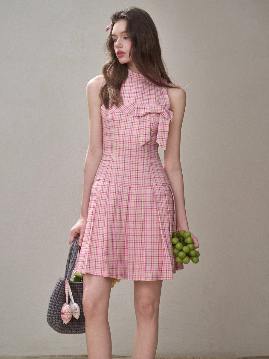 Mint & Strawberry Check Halter Dress