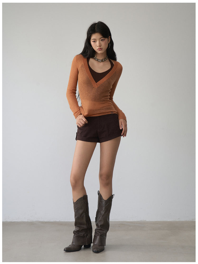 Fake Two-Piece Halter V-Neck Knit Sweater