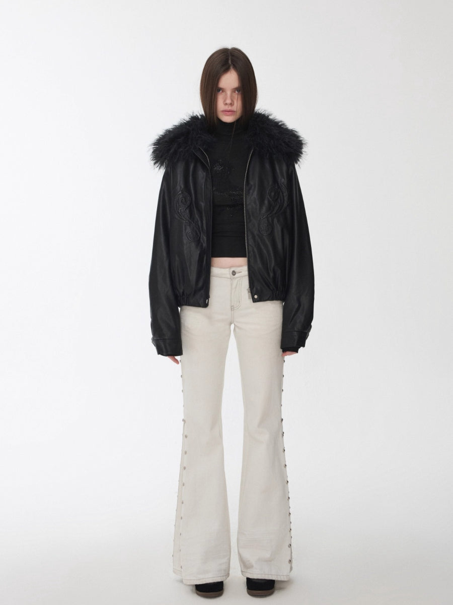 Studded Flared Denim Whisker Detailing Jeans