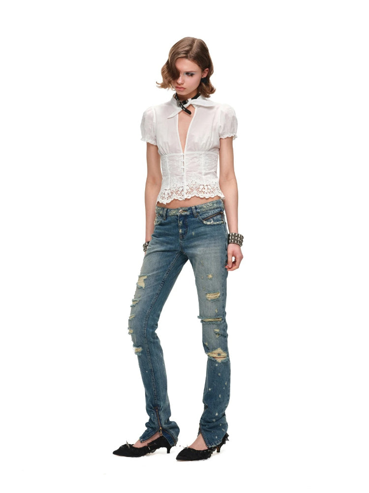 French V-Neck Ruffle Shirt