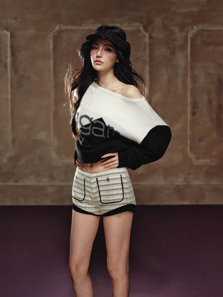 Textured Low-Waist Tweed Shorts