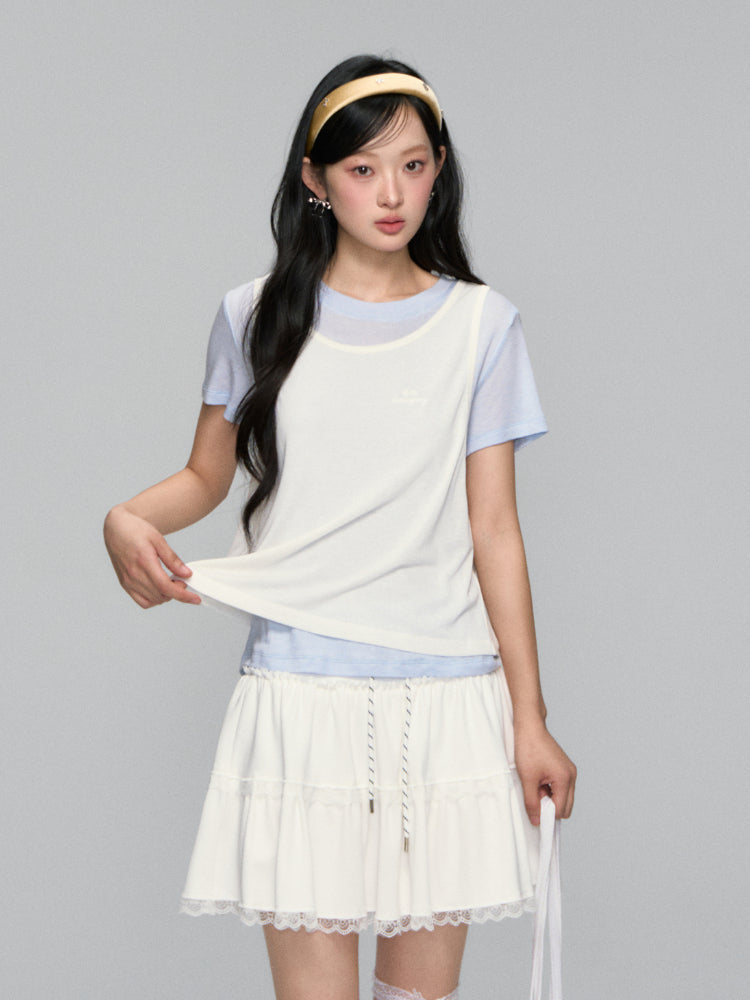 High-waisted Drawstring Lace-spliced Tiered Skirt