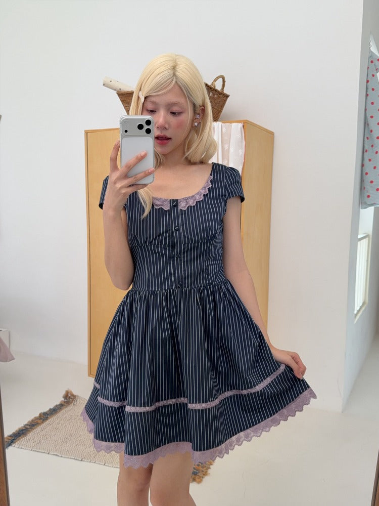 Striped Puff Sleeve A-Line Dress