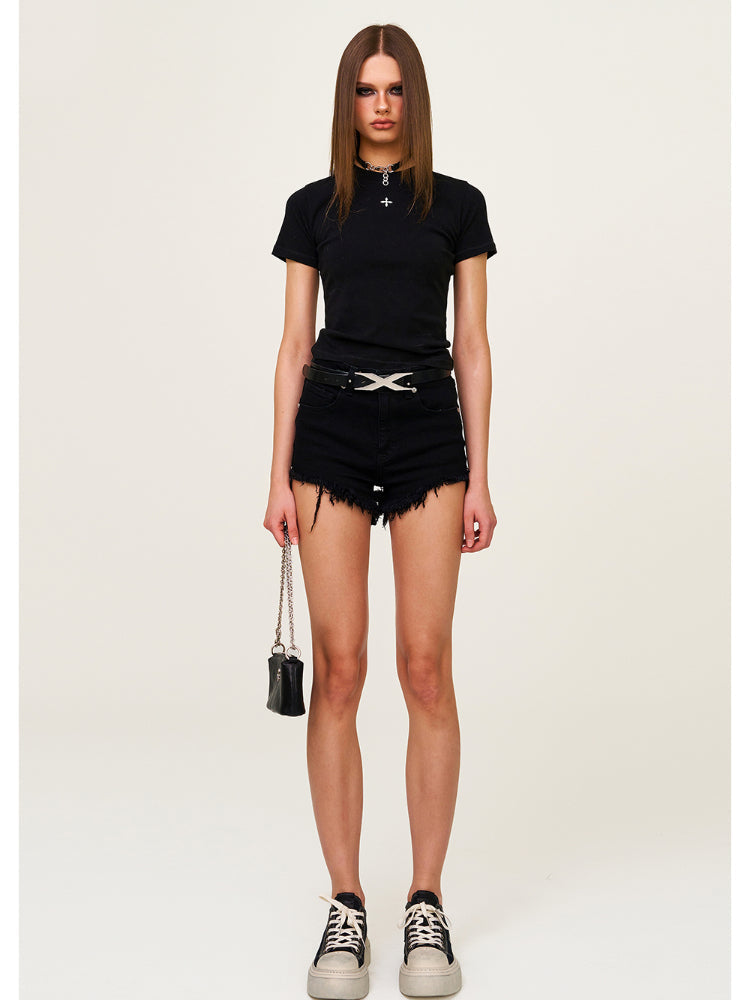 Waist-Cinching Embroidered Round-Neck T-Shirt