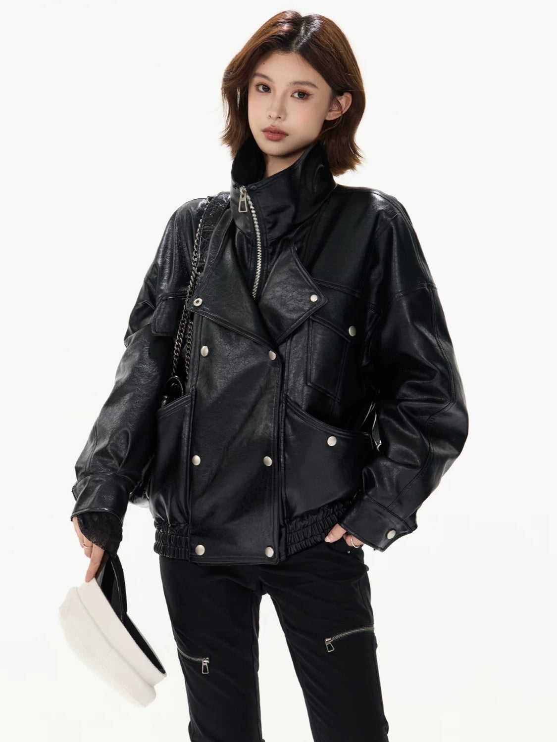 Oversized Double-Breasted PU Leather Jacket