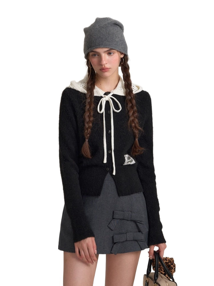 Hollow‑Knit Hooded Cardigan