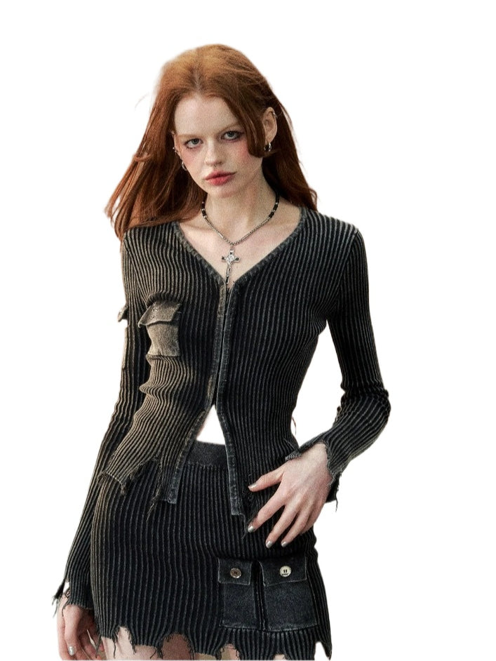 Gray Distressed Knitted Cardigan & Skirt Set