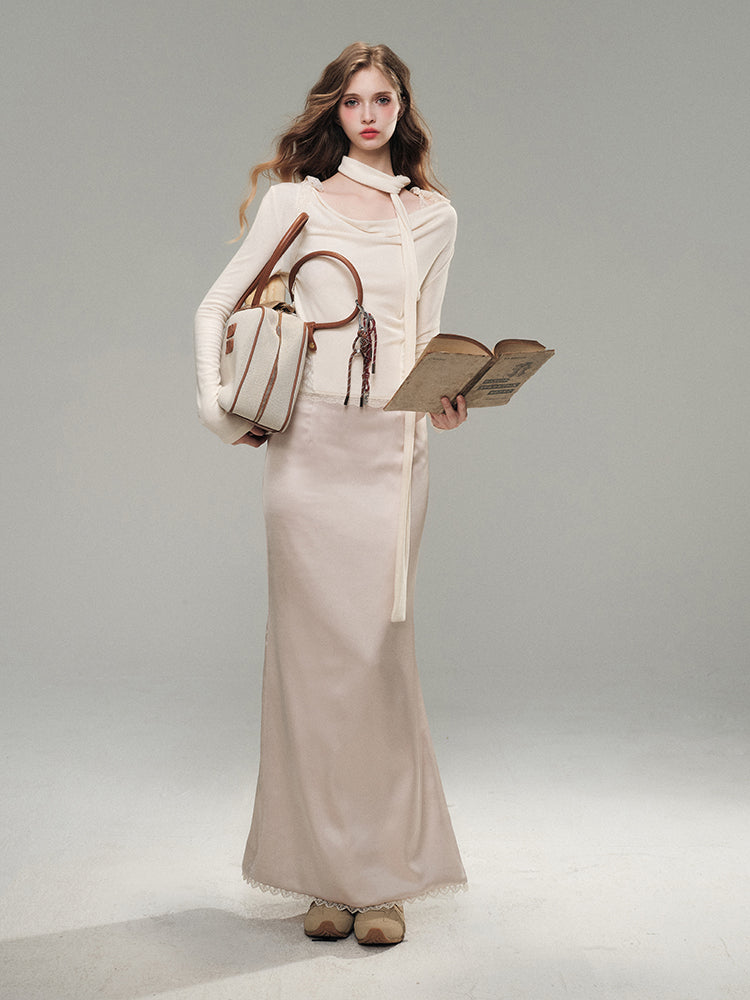 Lace Satin Midi Skirt