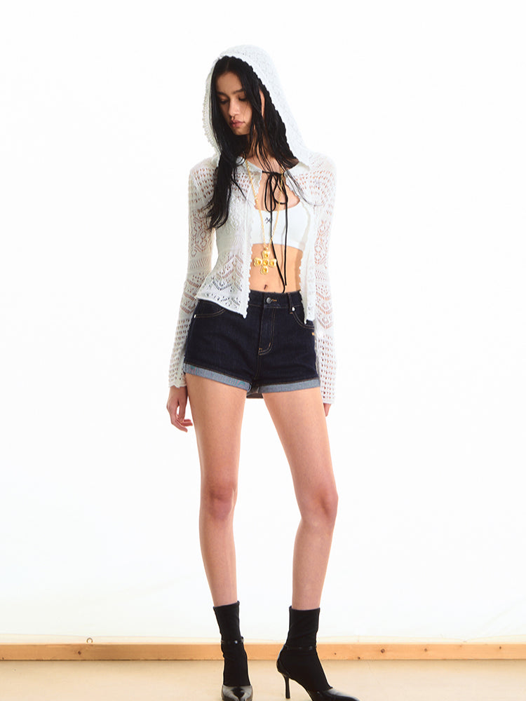 Hooded Hollow-Out Lightweight Cardigan