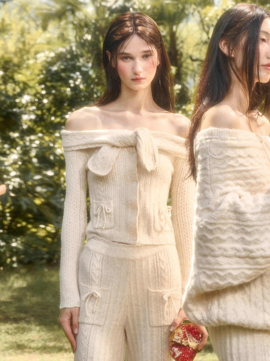 Velvet Bunny Wool Cloud Off-Shoulder Knit Cardigan & Pants Set