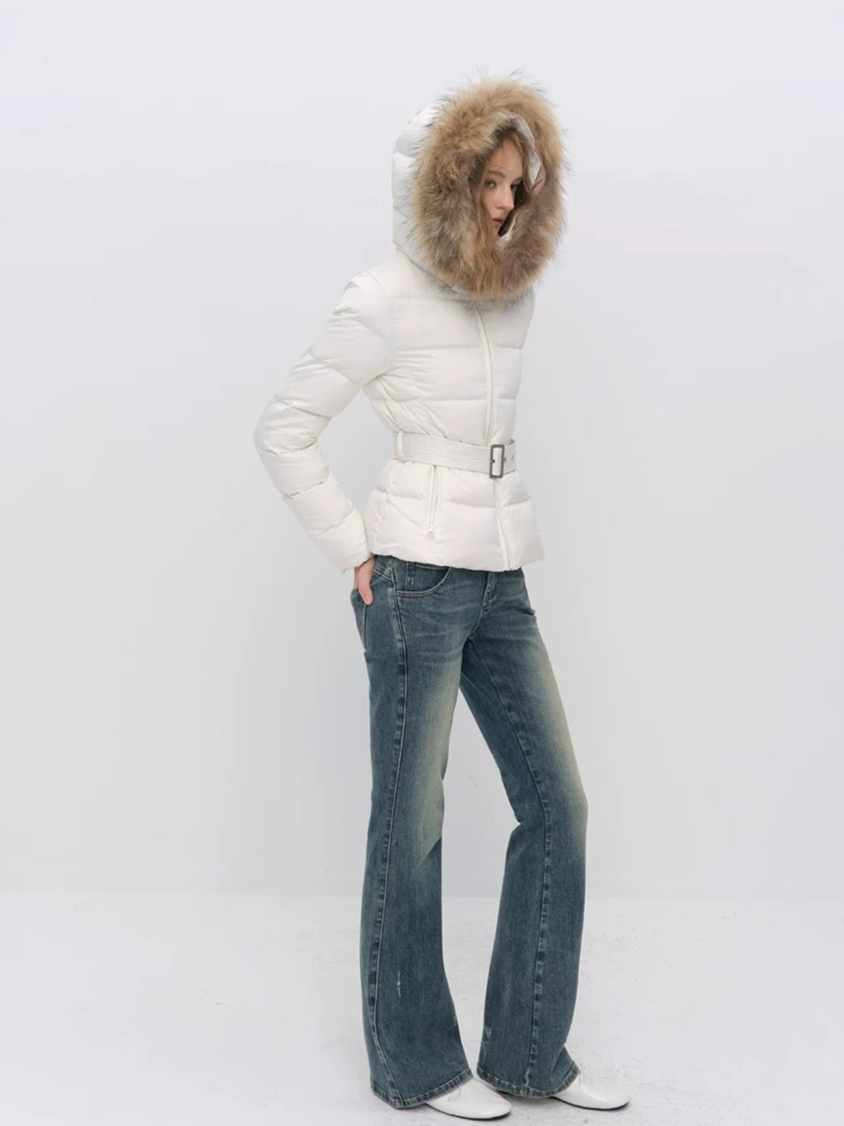 Fur Collar Belted Down Jacket