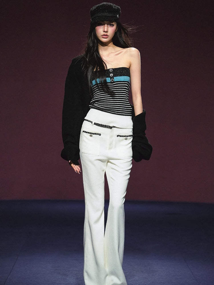 Colorblock Bustier Top & Relaxed Wool-Blend Knit Cardigan Set