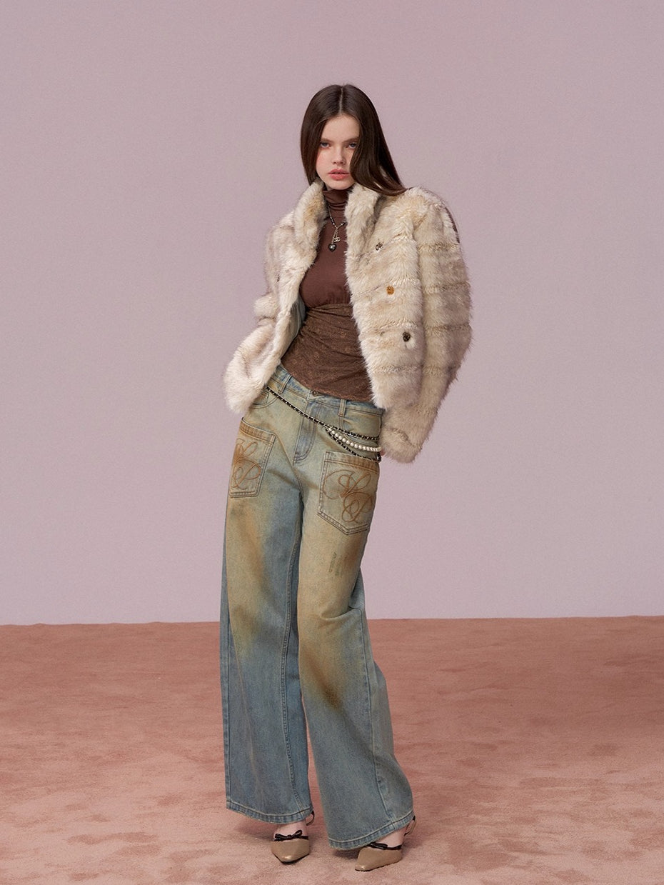 Apricot Double-Breasted Fur Jacket