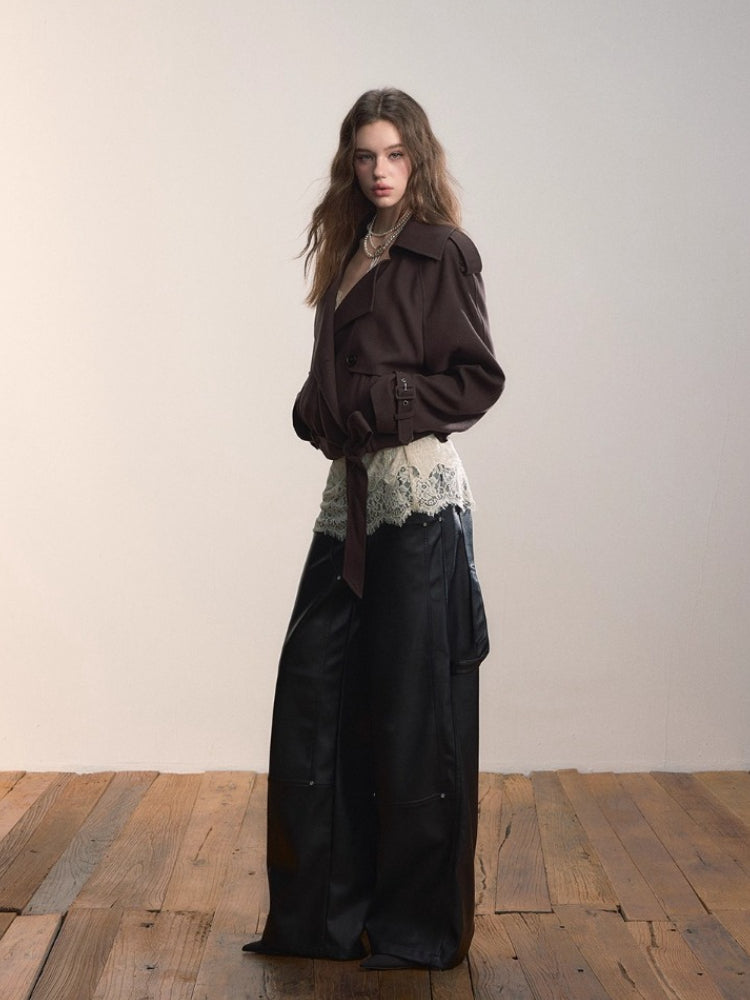 Short Double-Breasted Belted Trench Jacket