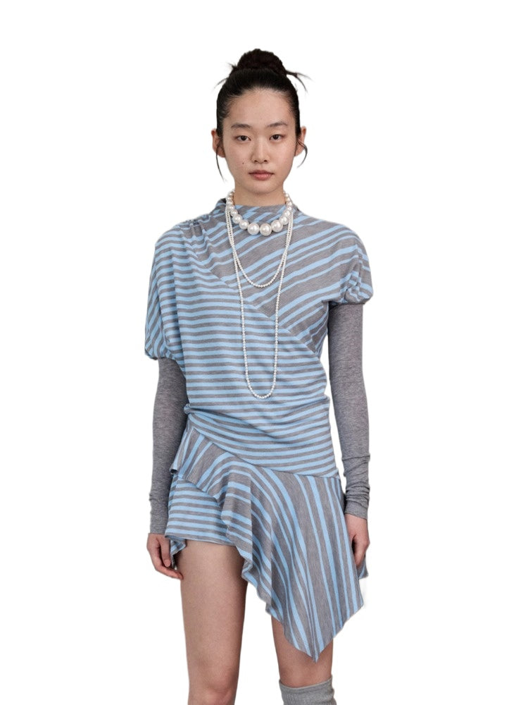 Blue-Gray Striped Irregular Patchwork Dress
