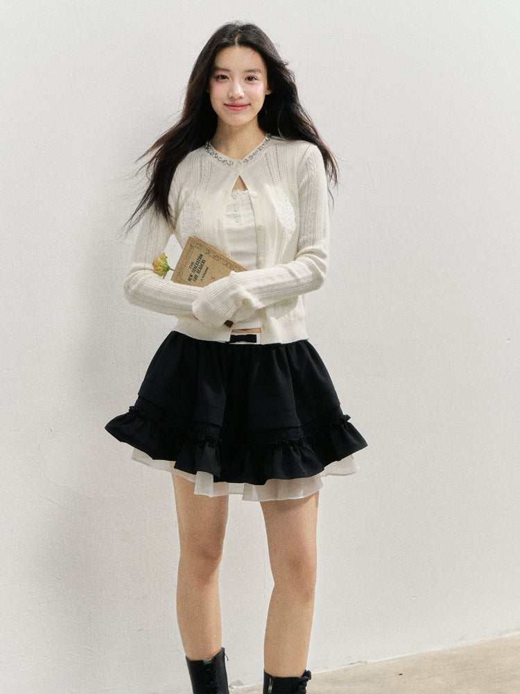 Handmade Rhinestone Collar Rose-Embroidered Knitted Cardigan