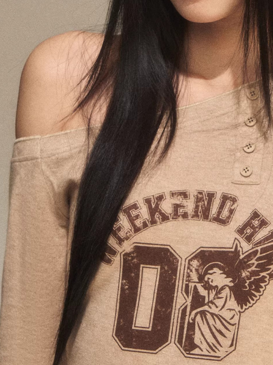 Oatmeal Angel Print Asymmetric Shoulder Top