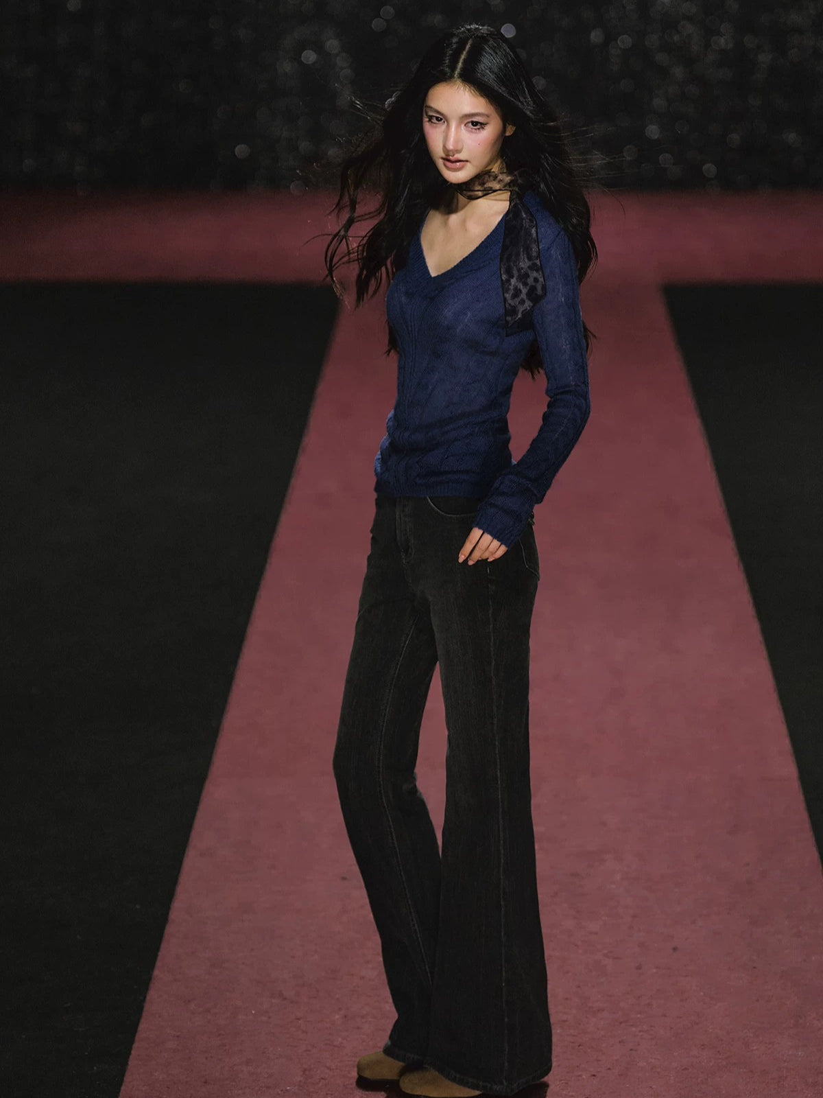 Slightly Sheer V Neck Cable Knit Sweater