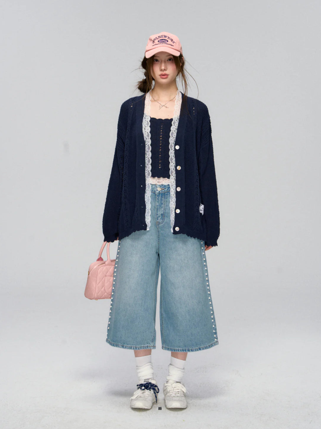 Side Seam Beaded Wide-leg Cropped Jeans