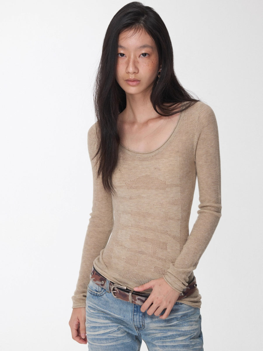 Crewneck Textured Open-Knit Wool Sweater