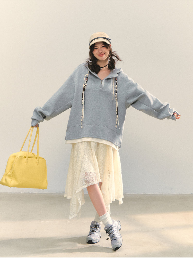 Fake Two-Piece Flower Embroidery Hat Cord Pullover Hoodie