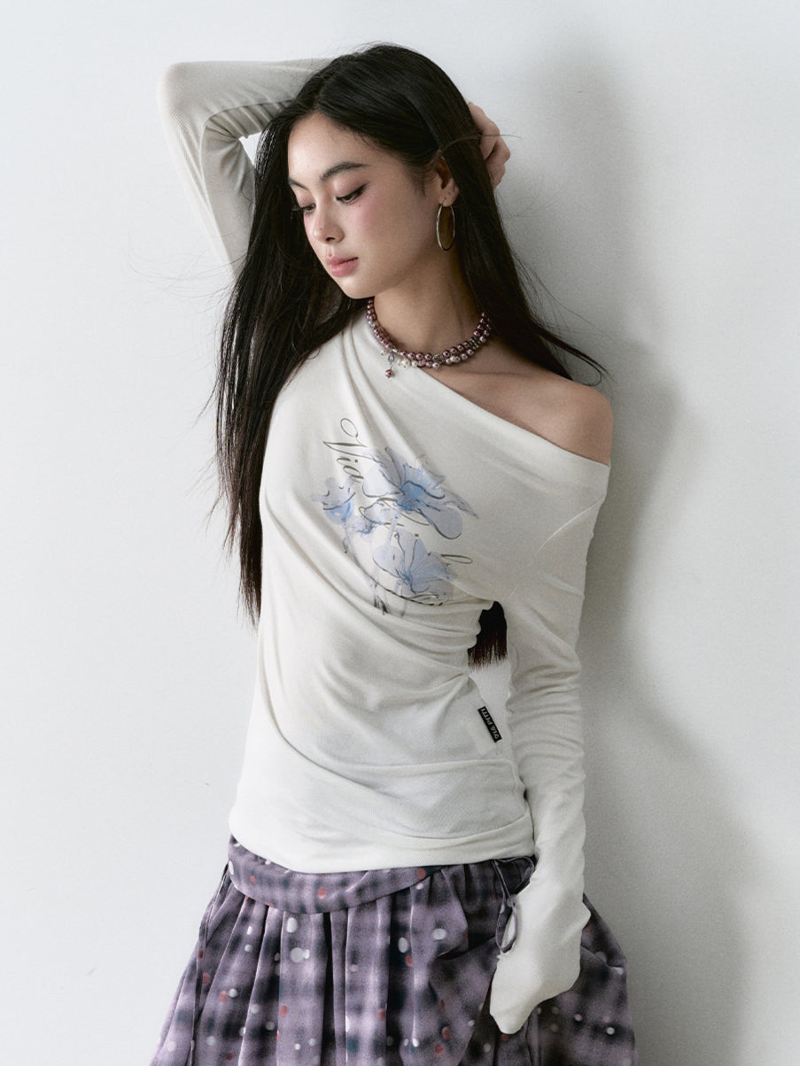 White & Navy Off-Shoulder Printed Blouse