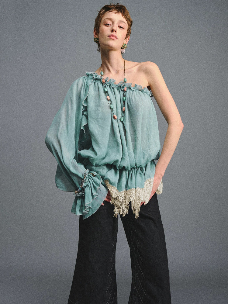 Turquoise One-Shoulder Chiffon Blouse