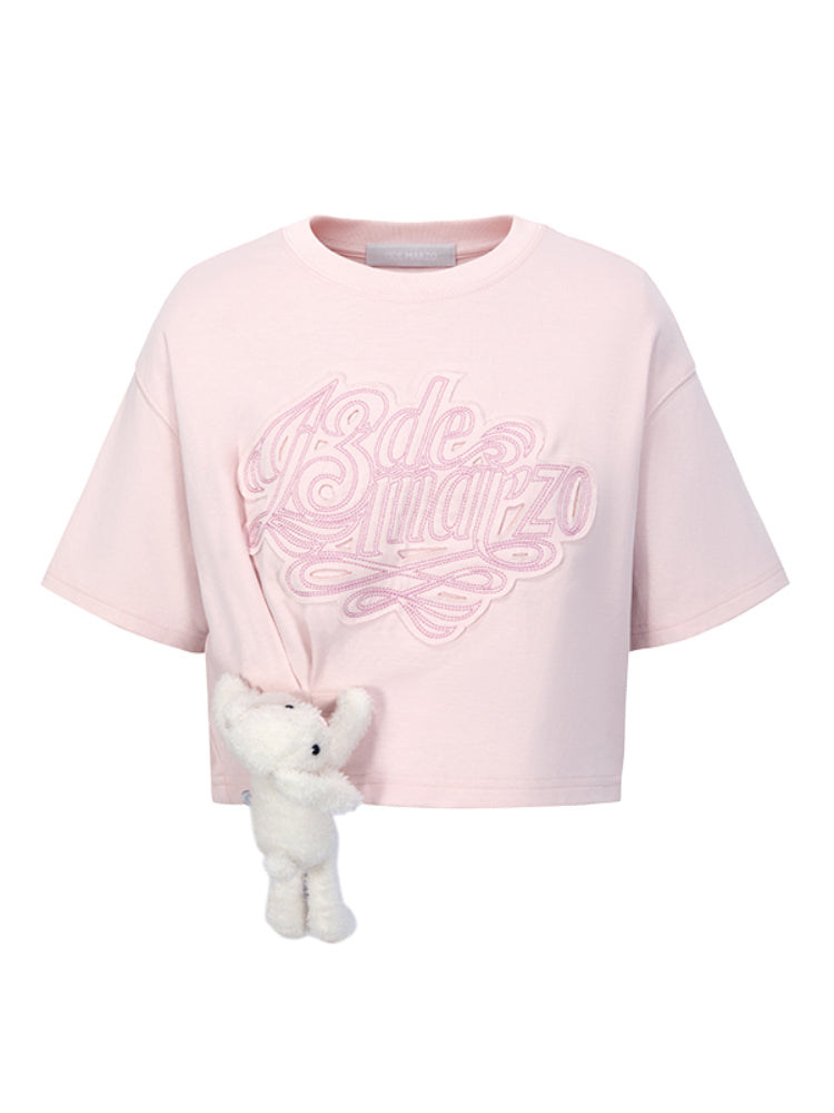 Applique Embroidery Gathered Short-Sleeve T-Shirt