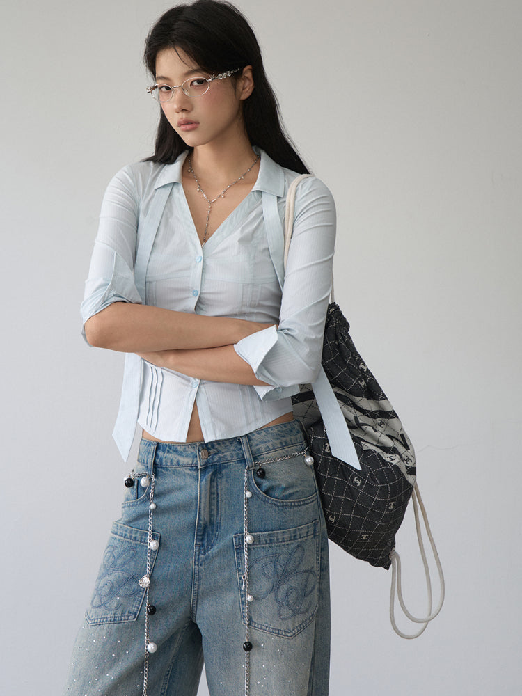 Contrast-colored Collared Waist-cinched Shirt