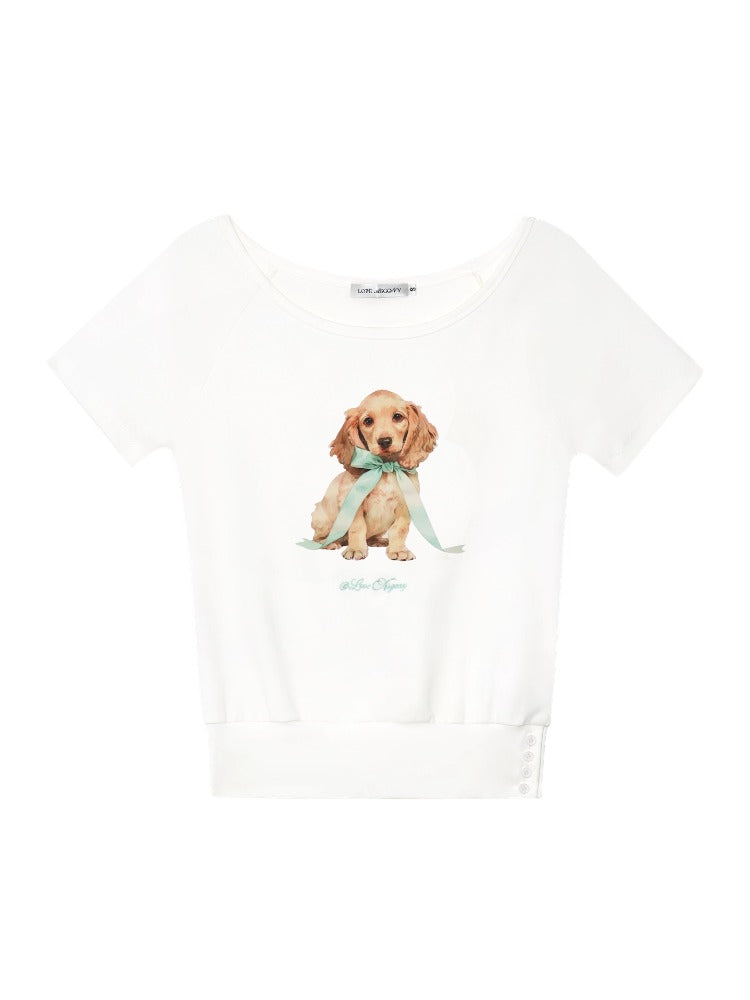 Asymmetric Shoulder Bow Puppy Printed T-Shirt