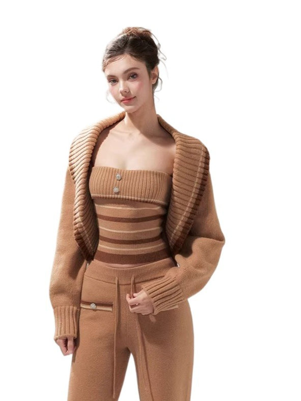 Khaki Striped Oversized Collar Knit Cardigan and Pants Set