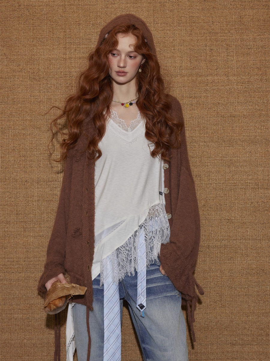 V-Neck Lace Patchwork Asymmetrical Tank Top