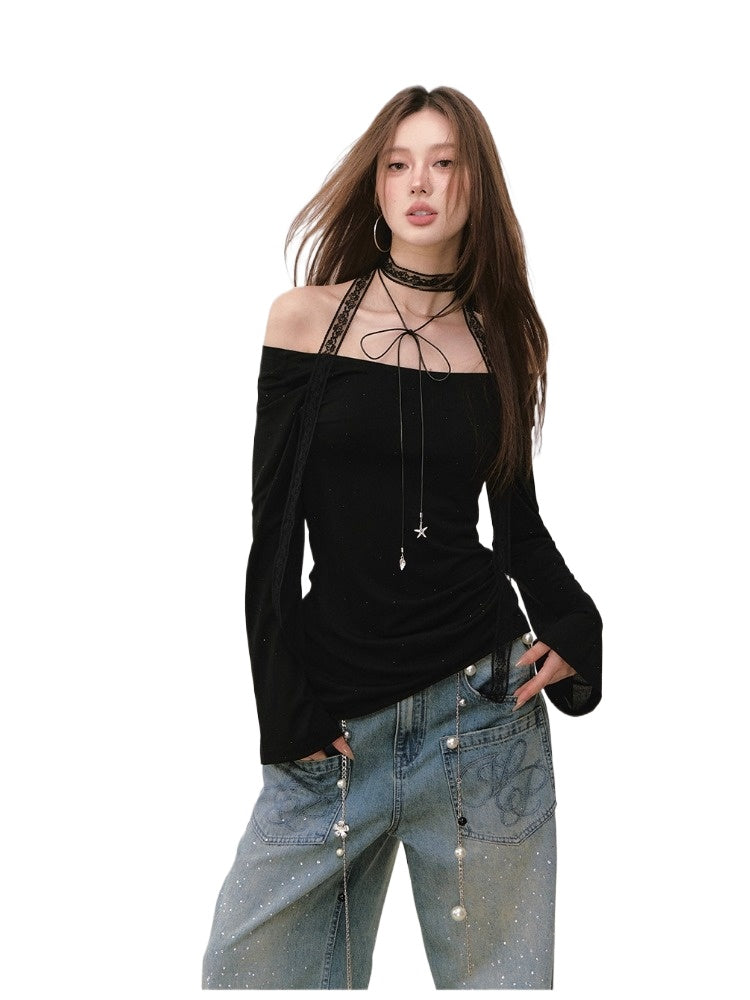 Off-Shoulder Backless Beaded Sun-protection T-shirt