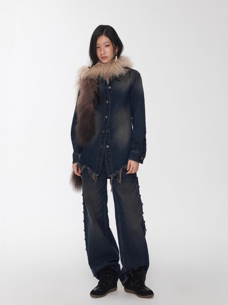 Vintage Washed Frayed-Edge Denim Shirt