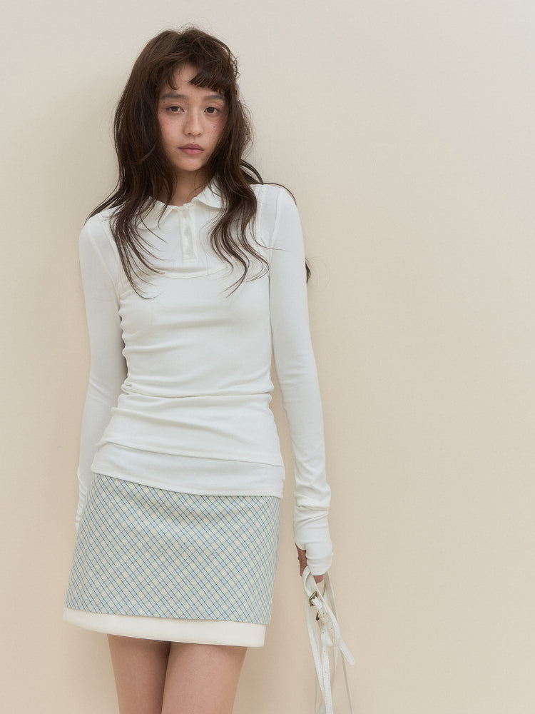 White & Blue Collared Knit Top & Skirt Set