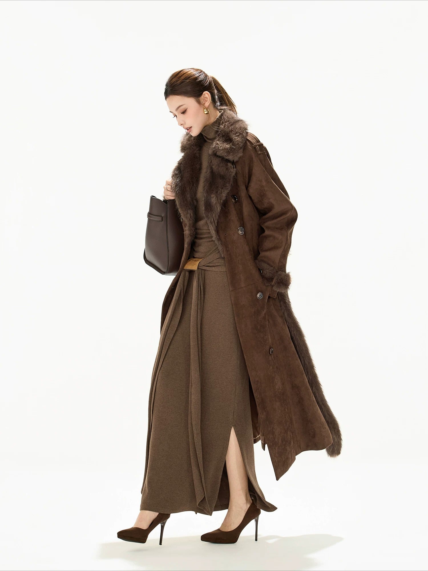 Brown Suede Belted Coat