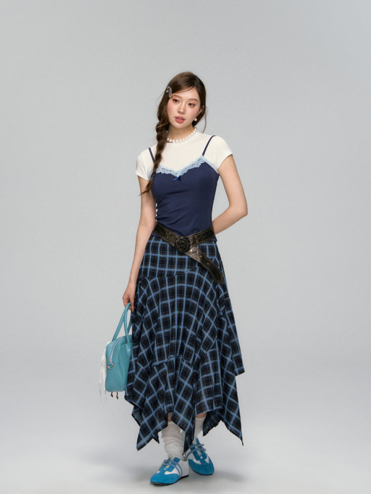 Irregular Navy Blue Checked Midi Skirt