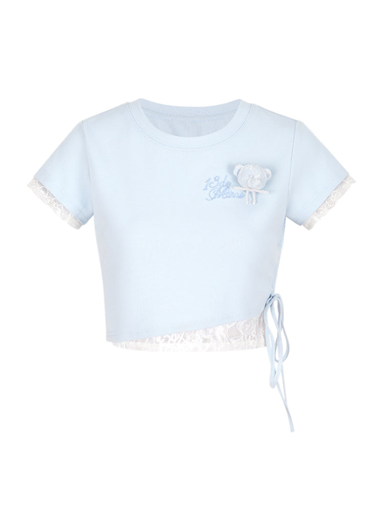 Lace Slim Fit Round-Neck Short T-Shirt