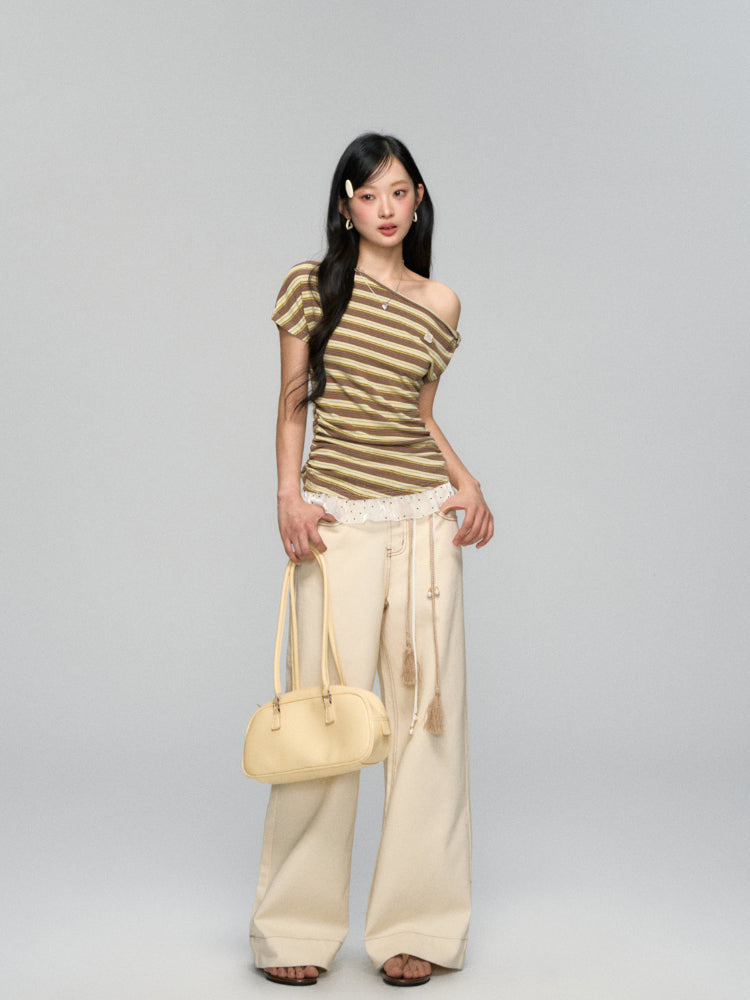 Striped Lace-Spliced Asymmetric-Shoulder T-shirt