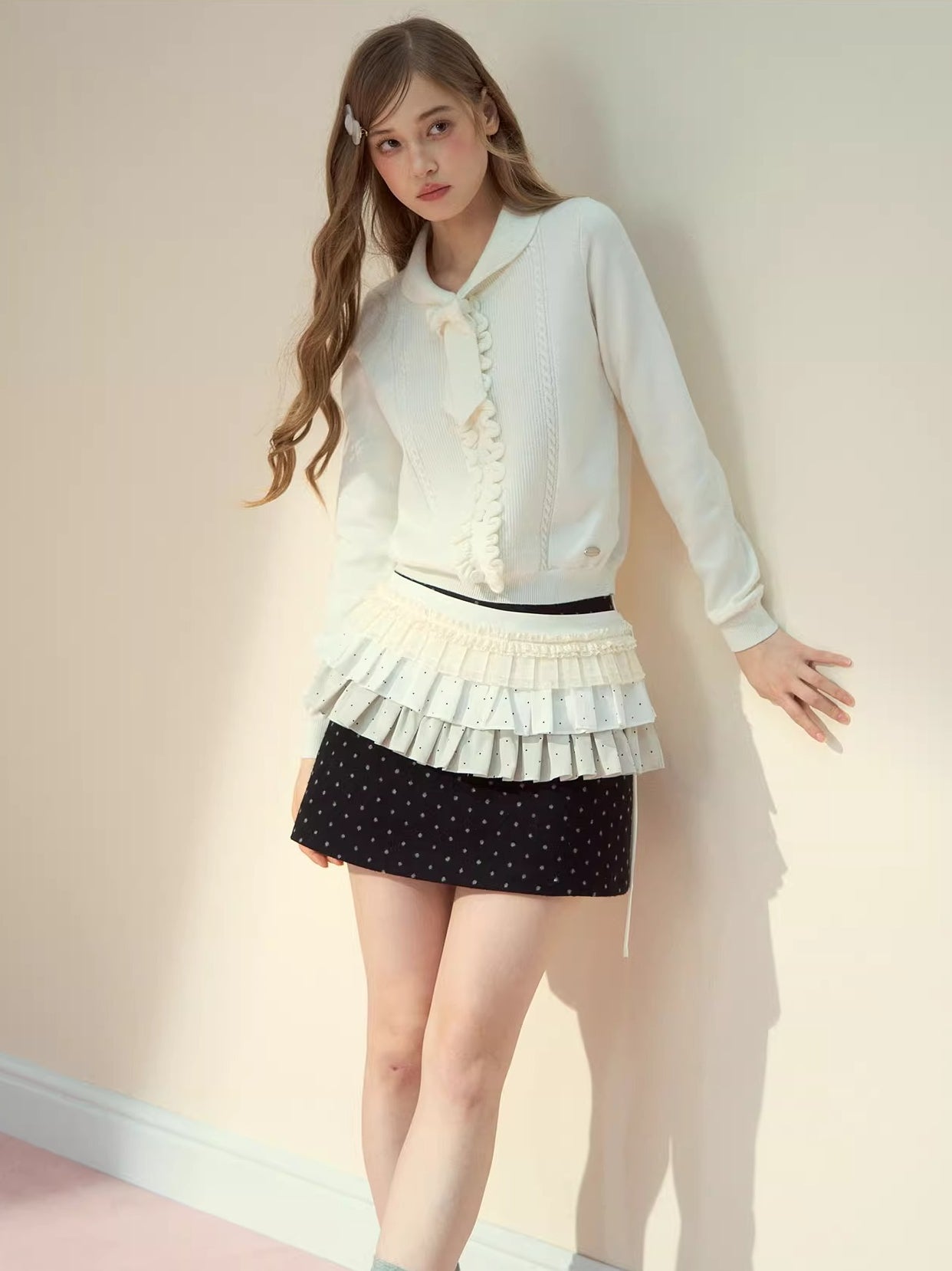 Ruffle-Tie Knit Peter-Pan Collar Sweater