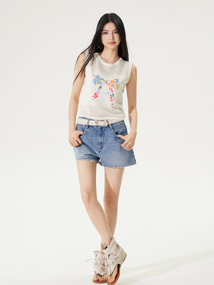Bowknot Hollow Out Tencel Tank Top